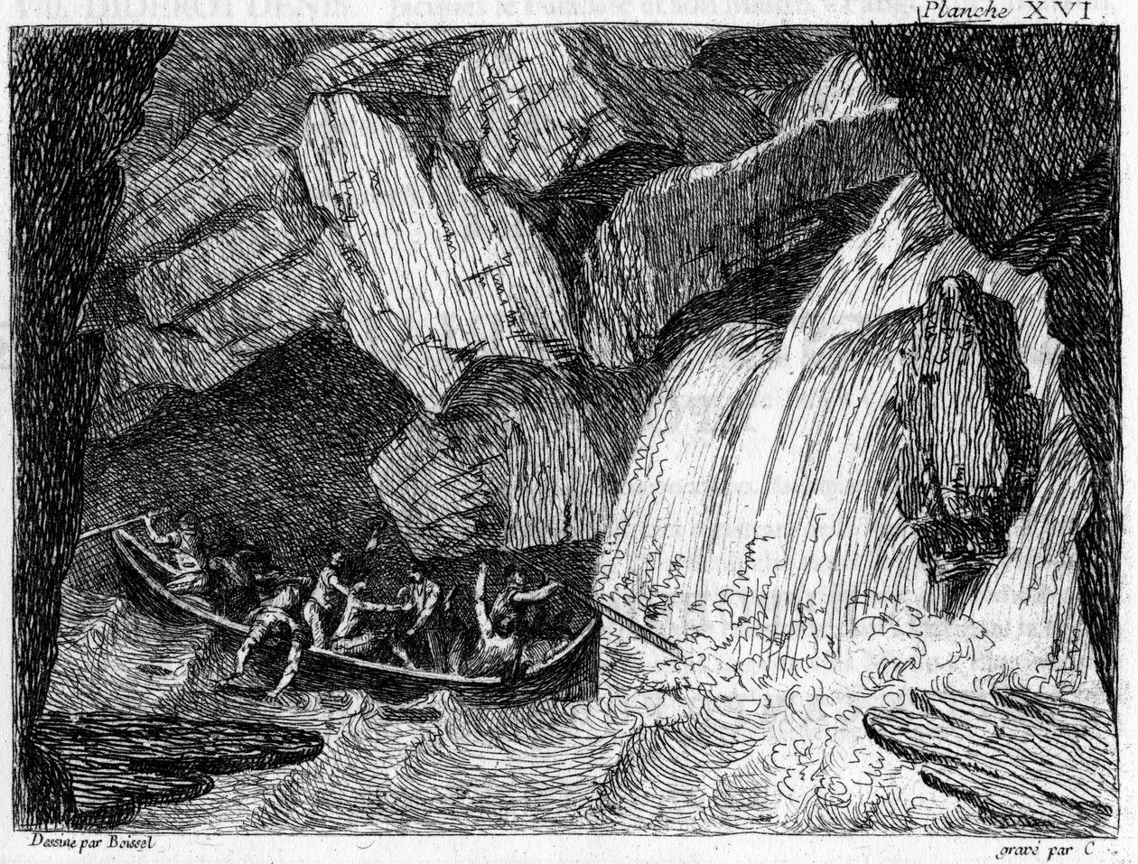 铜版画，载于 "风景如画的航行"。1795年，由Boissel De Monville Thomas Charles创作，在被认为不能航行的罗纳河的一部分上完成。 作者 未知艺术家