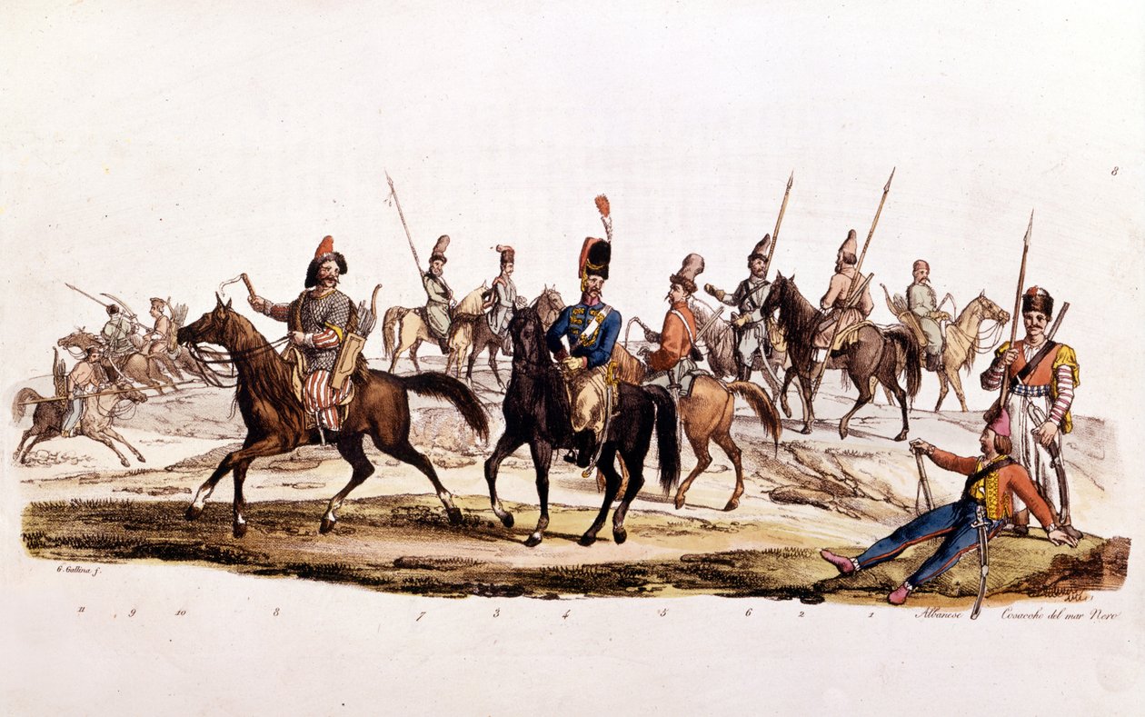 哥萨克： 1st 2nd Cossacks 3rd Cossack of Don 4¡ 官方哥萨克Don 5¡ Cossack Chernomowskij 6¡ 乌拉尔哥萨克7¡ 普通哥萨克8¡ Bashkir 9¡ 和10¡ Kalmouk 作者 未知艺术家