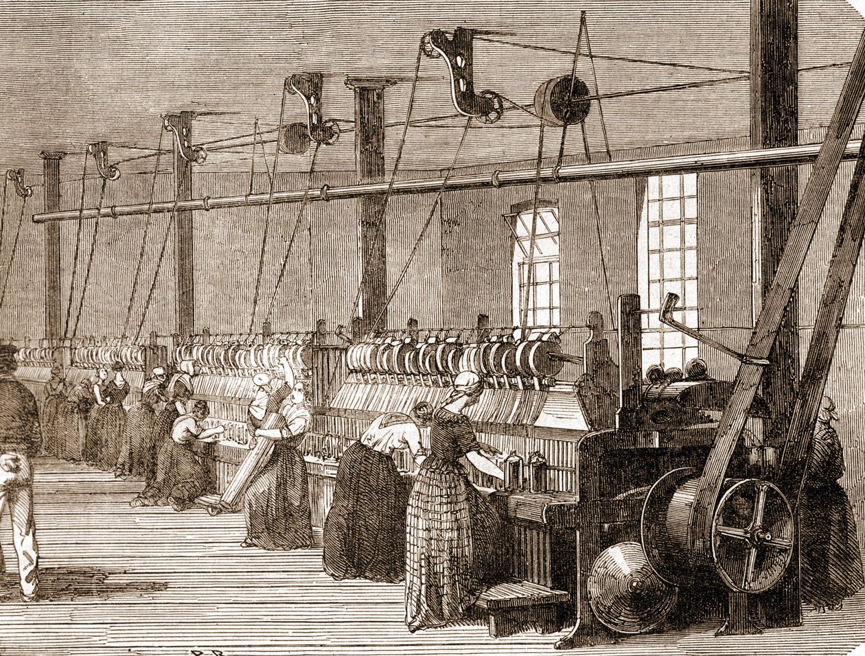 棉织车间。 1860 年版画。 作者 未知艺术家