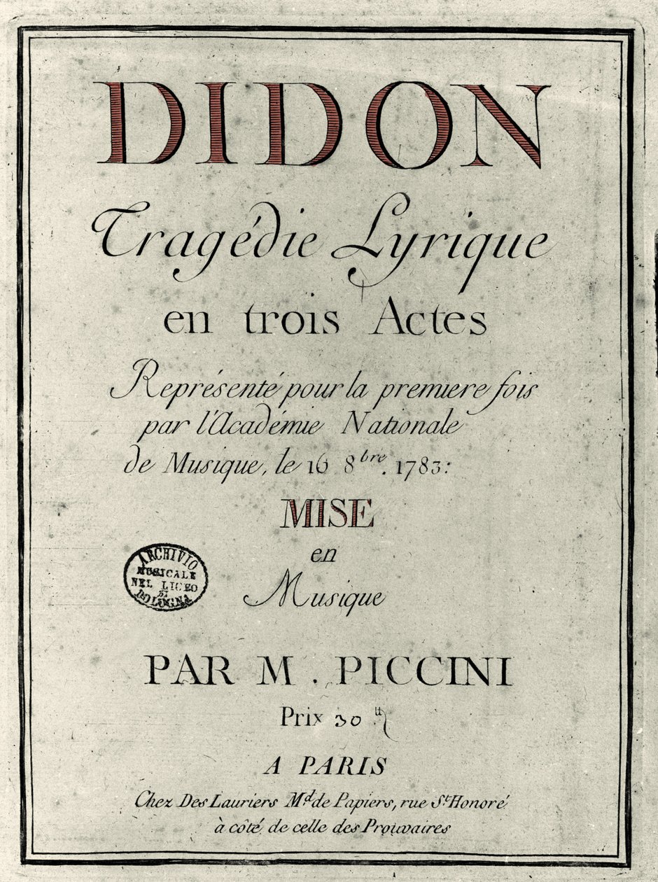 作曲家 Niccolo Vito Piccinni（或 Piccini）（1728-1800 年）的歌剧《狄东》歌词的封面。 1783 作者 未知艺术家