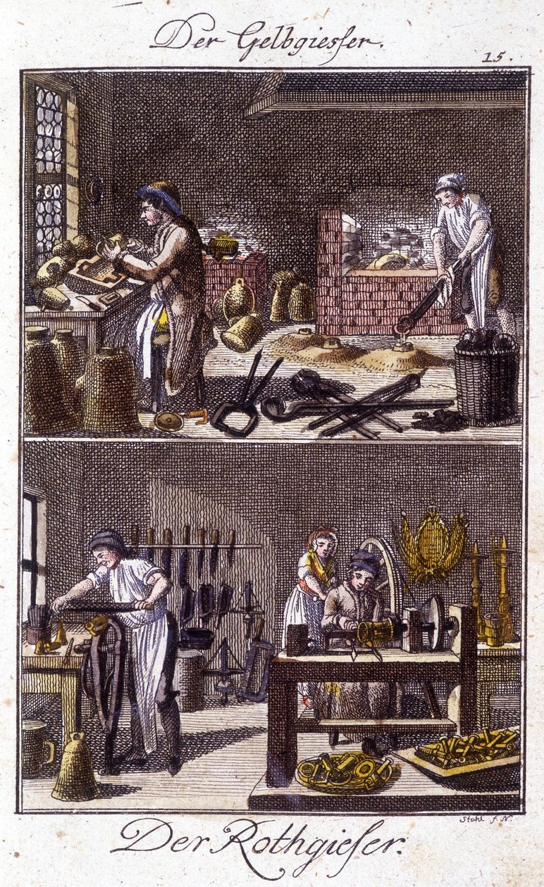 手工艺：铜冶炼师和迪南迪尔在他们的车间里。载于约翰-彼得-维尔的 "青少年艺术和手工艺及讲习班综合说明"。编辑。纽伦堡，Weigel和Schneider 作者 未知艺术家