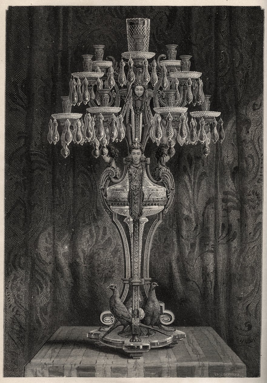来自 Baccarat 工厂的水晶烛台——雕刻在 Louis Figuier 的“Les Merveilles de l