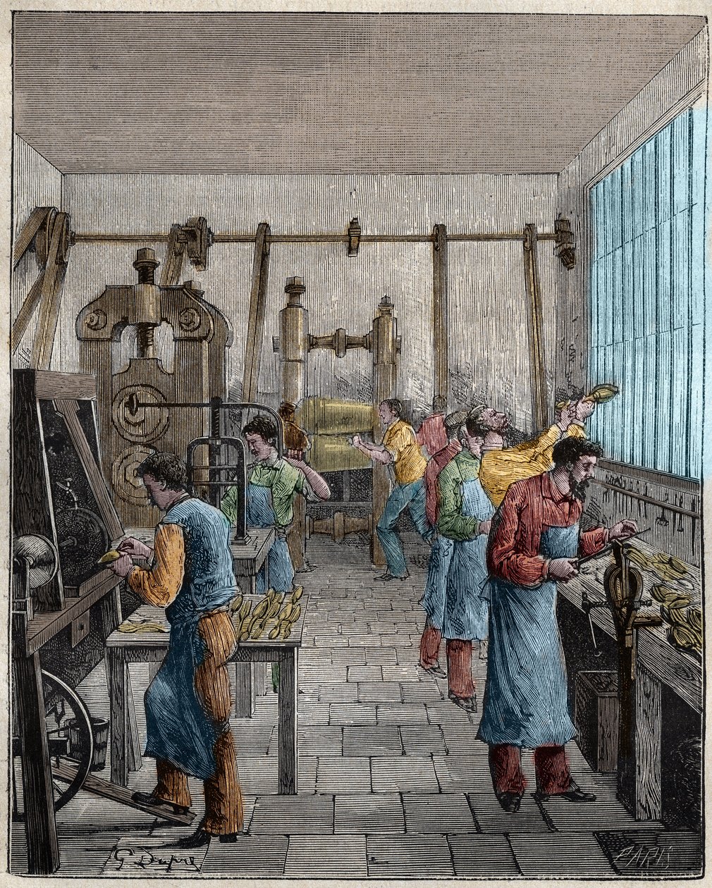 19世纪法国的刀具制造车间（Posate）。雕刻于1885年的 "Les arts et metiers illustrstres"，作者是Adolphe BITARD。 作者 未知艺术家