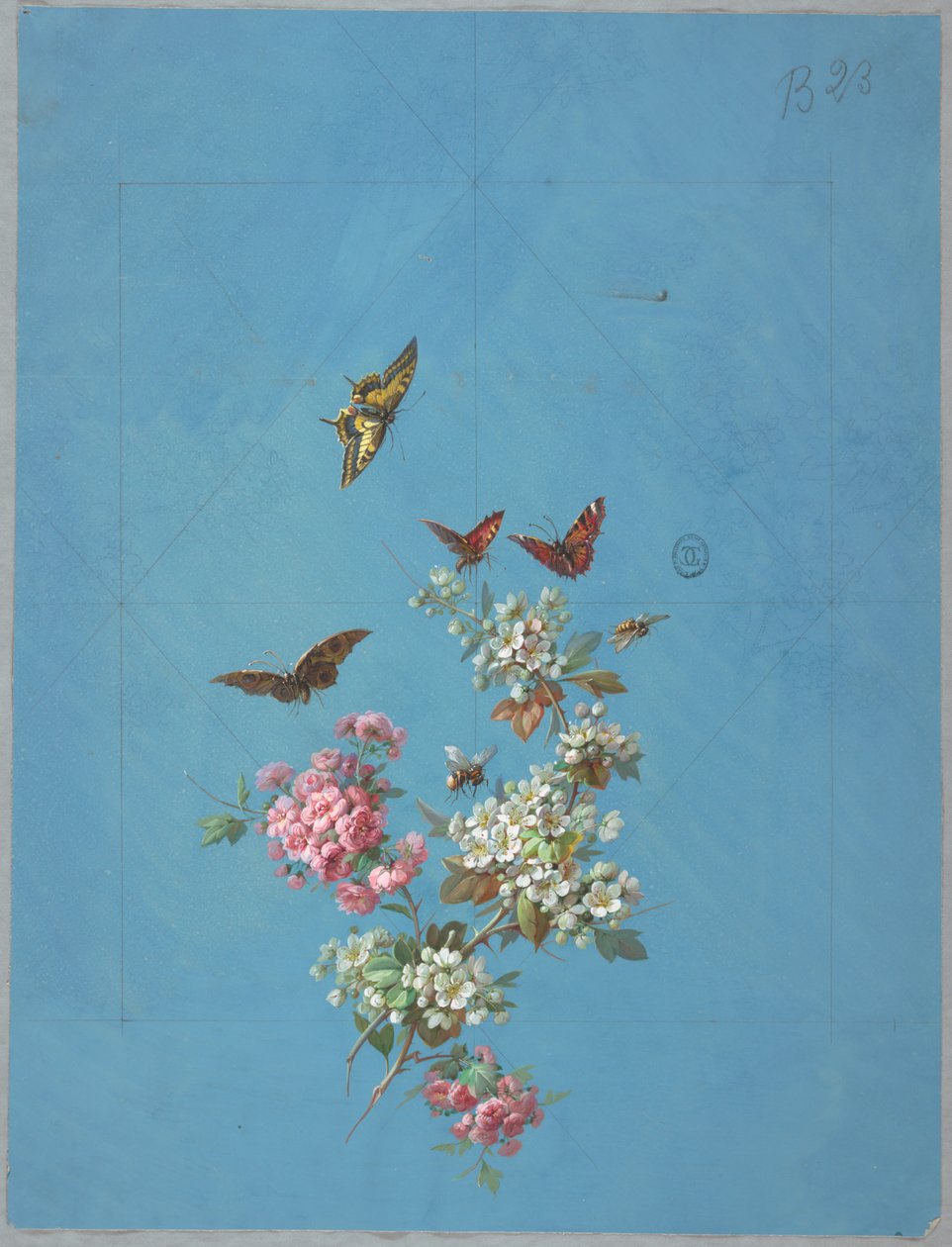 壁纸和纺织品设计：花朵与蝴蝶 作者 未知艺术家