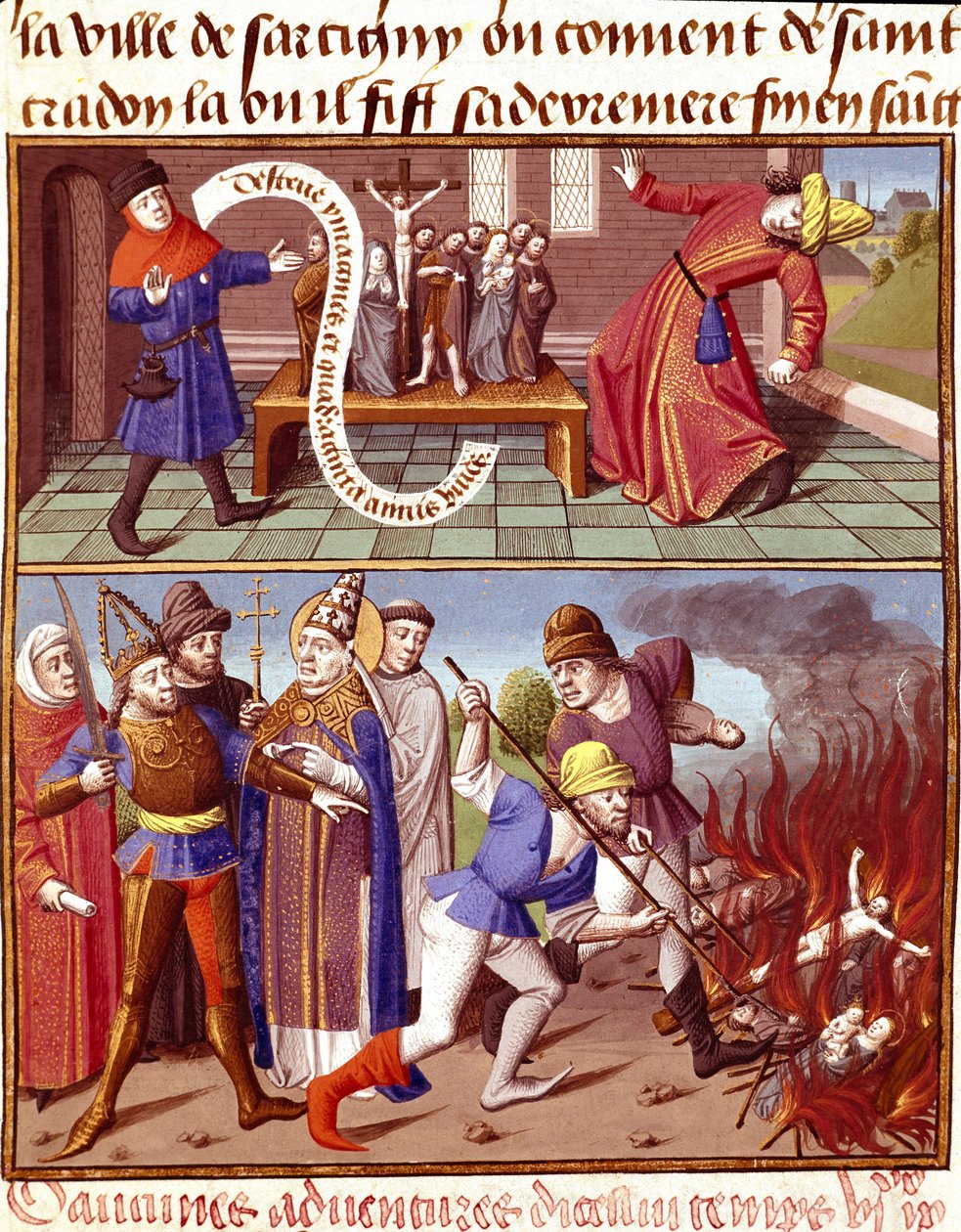 Destruction of sacred objects and intervention by Pope Gregoire I the Great (540-604) Miniature in “” Le miroir historial”” (Speculum Historiale) (ms. 1196) by Vincent de Beauvais (1190-1264) translated into French by Jean de Vignay 作者 未知艺术家