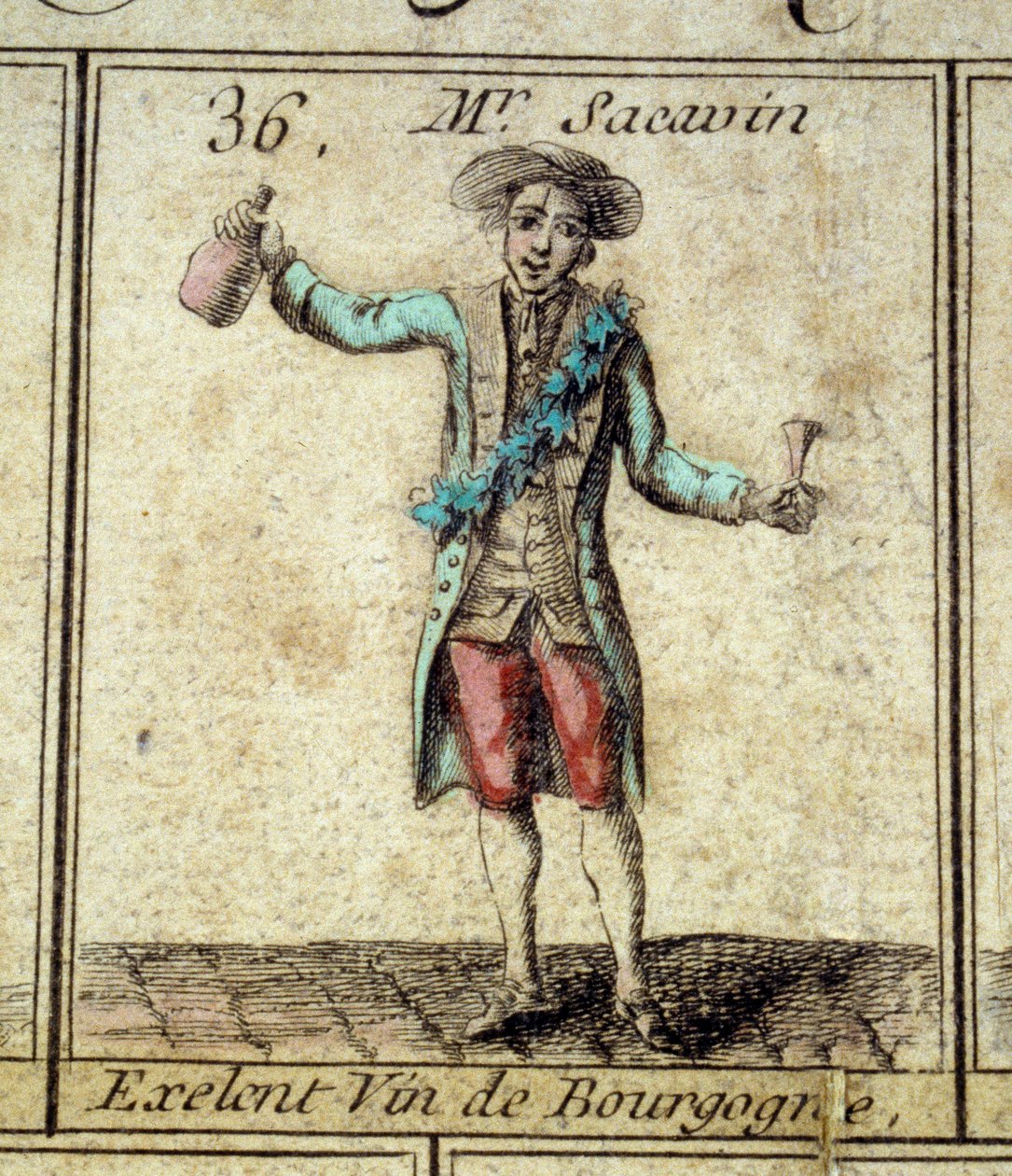 Detail of the game of the Goose of the Cree of Paris: Mr Sacavin, wine drinker from Bourgogne. Engraving of the 18th century. Coll. Go. 作者 未知艺术家