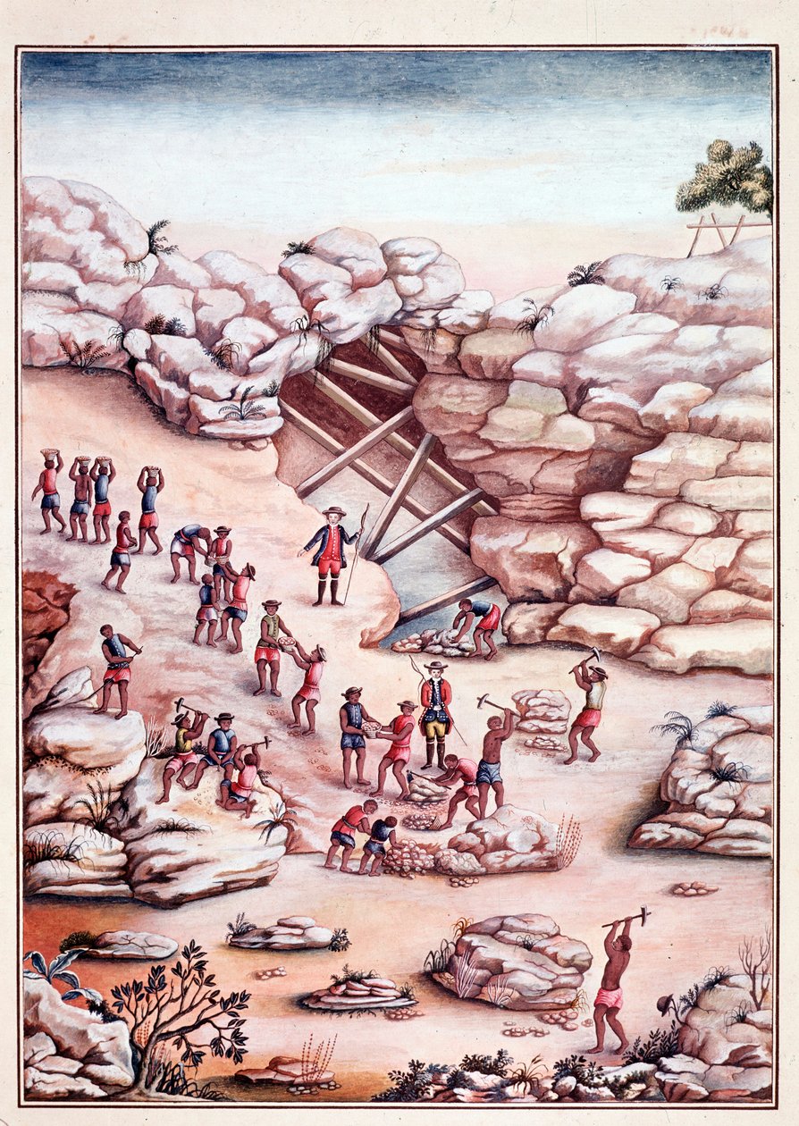 在巴西的一个矿场开采钻石。18世纪里约热内卢的水彩画，国家图书馆 作者 未知艺术家