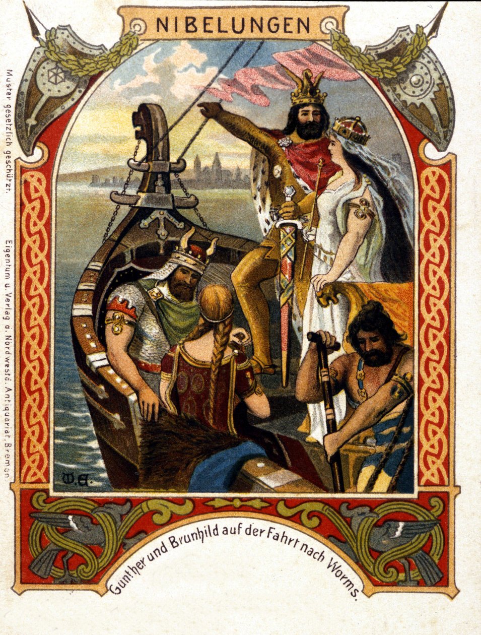 Die Nibelungen，歌剧，由海因里希·多恩（Heinrich Dorn，1804-1892）于 1854 年创作，德国指挥家和作曲家。 19 世纪的彩色石版画。 作者 未知艺术家