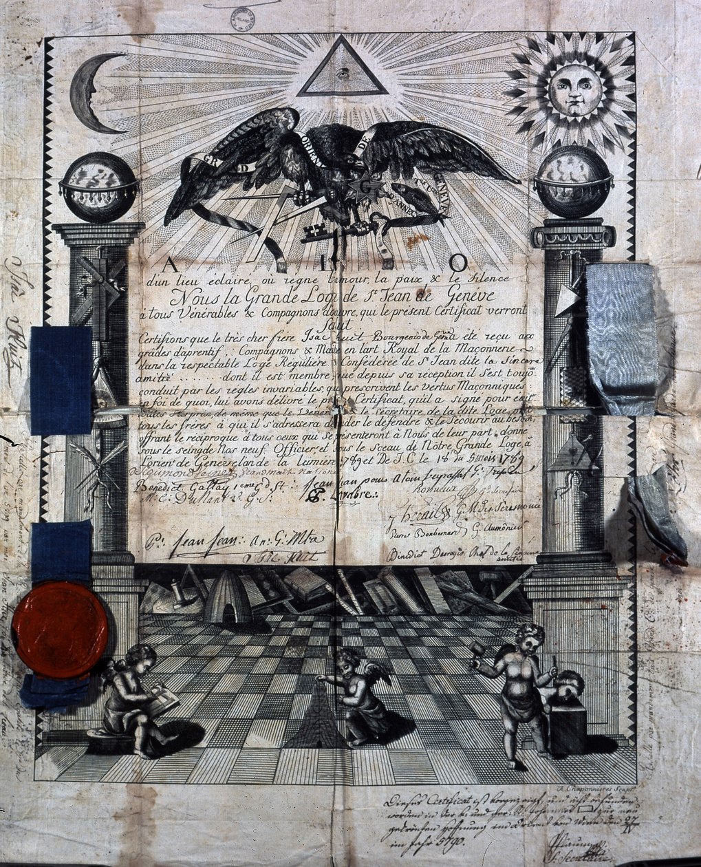 艾萨克·惠特 (Isaac Huit) 皇家砖石艺术大师的文凭，于 1789 年由日内瓦的圣让修道院授予。 作者 未知艺术家