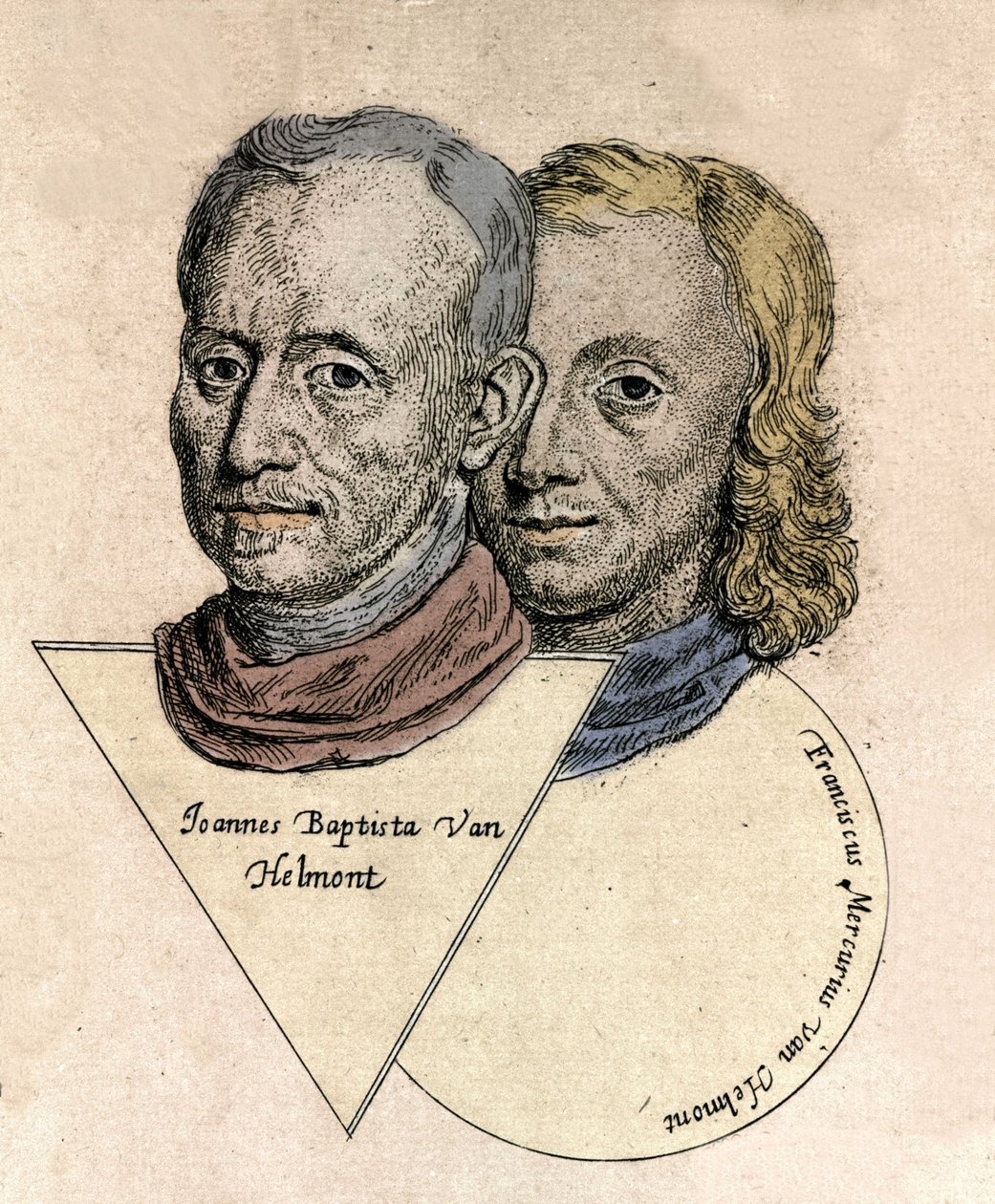 比利时化学家让·巴蒂斯特·范·赫尔蒙 (Jan Baptist van Helmont) (1577-1644) 和弗朗索瓦·美居·范·赫尔蒙 (1614-1699) 的双人画像。 雕刻 作者 未知艺术家