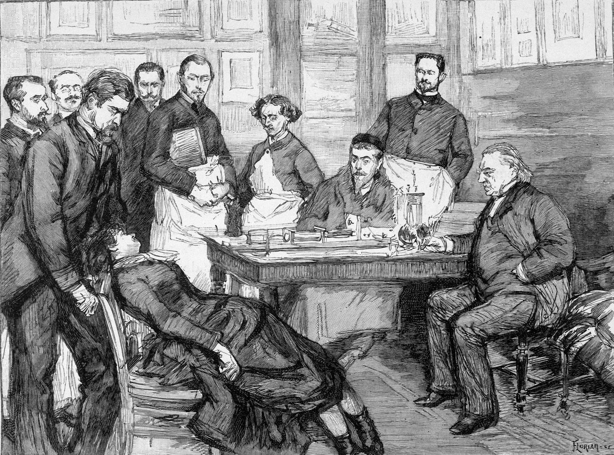 Jean Martin Charcot 博士在 Salpetriere 精神病医院的一名患者身上的经历。 Charcot-Salpetriere 图书馆。 作者 未知艺术家