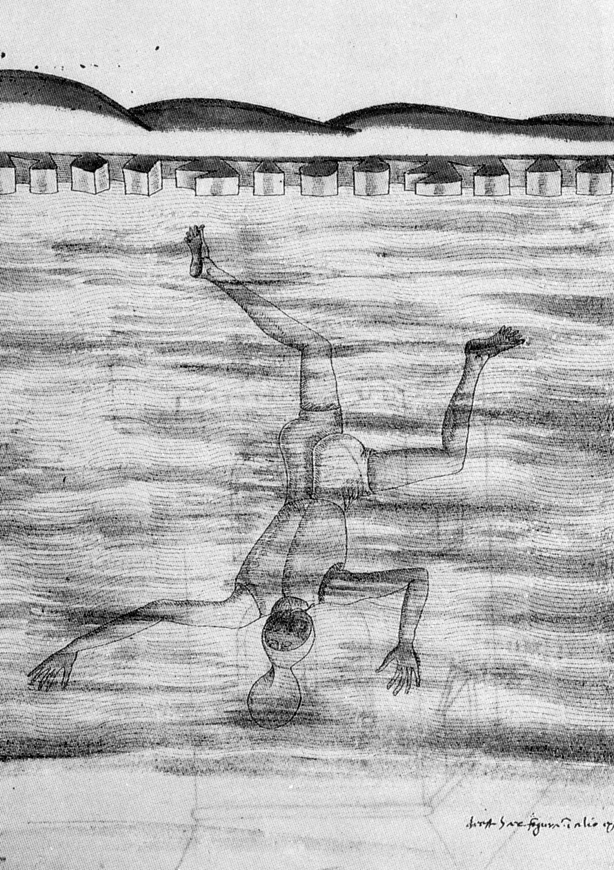Drawing from the 15th century showing a man going into the water with some kind of mask. 作者 未知艺术家