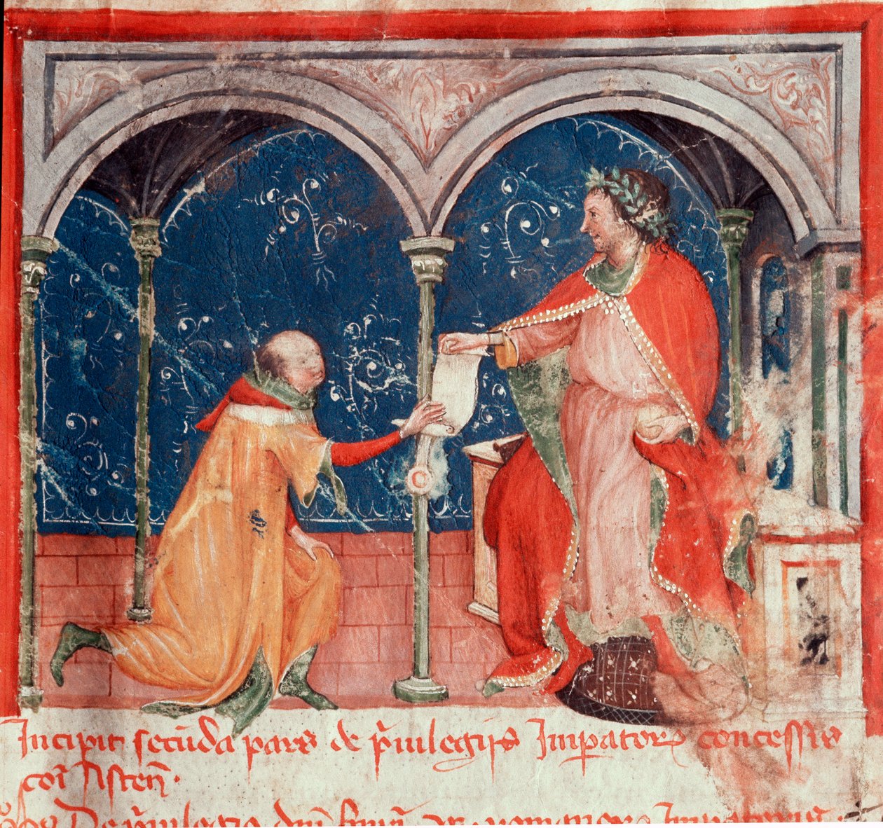 Hohenstaufen 的皇帝 Frederic II (1194-1250) 从“Codex Astensis”（或 Malabayla）中获得了阿斯蒂市的特权，记录了 1065 年到 1353 年之间的阿斯蒂市。14 世纪。 保存在阿斯蒂市长 作者 未知艺术家