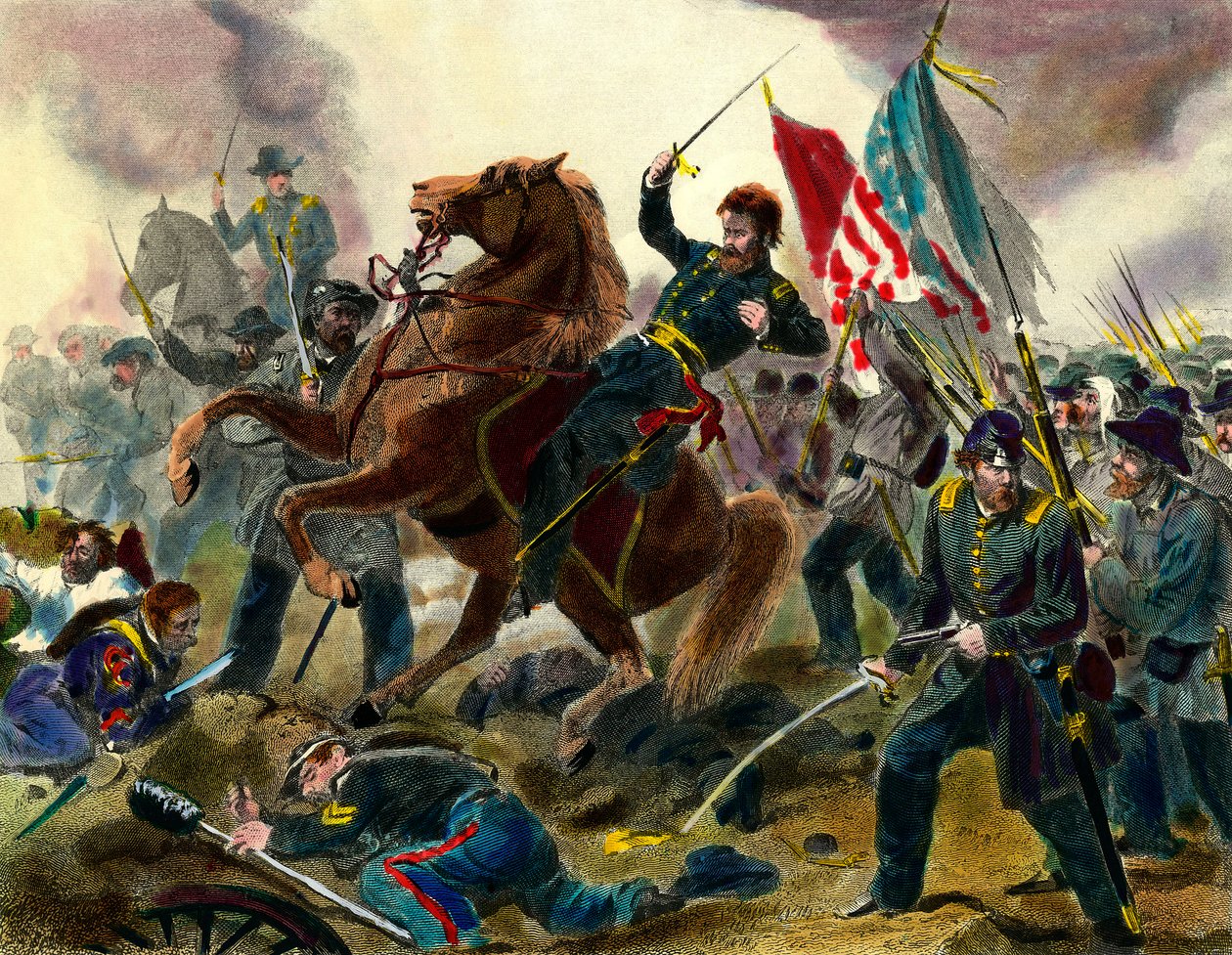Episode of the Secession War (1862-1865) or Civil War in the United States: American General of Union Forces Ulysses Simpson Grant (1822-1885) during a battle against the troops of the States of Confederation. Engraving of the 19th century Private Collecti 作者 未知艺术家
