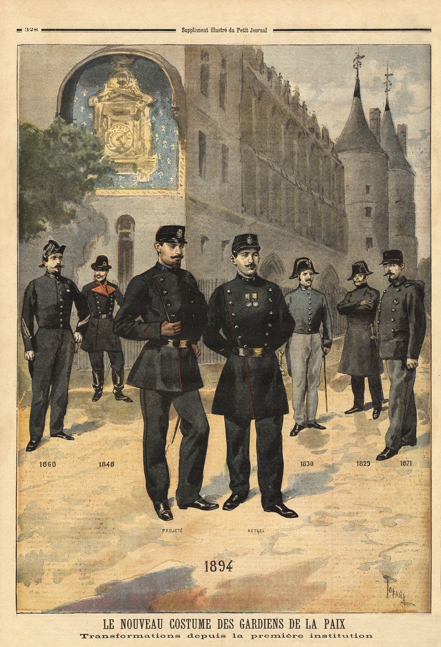 Evolution of uniforms of peacekeepers (or city sergeants) from 1860 to 1894, in front of the clock tower of the Concierge, Paris. Engraving in “” Le petit journal”” 09/1894. Selva