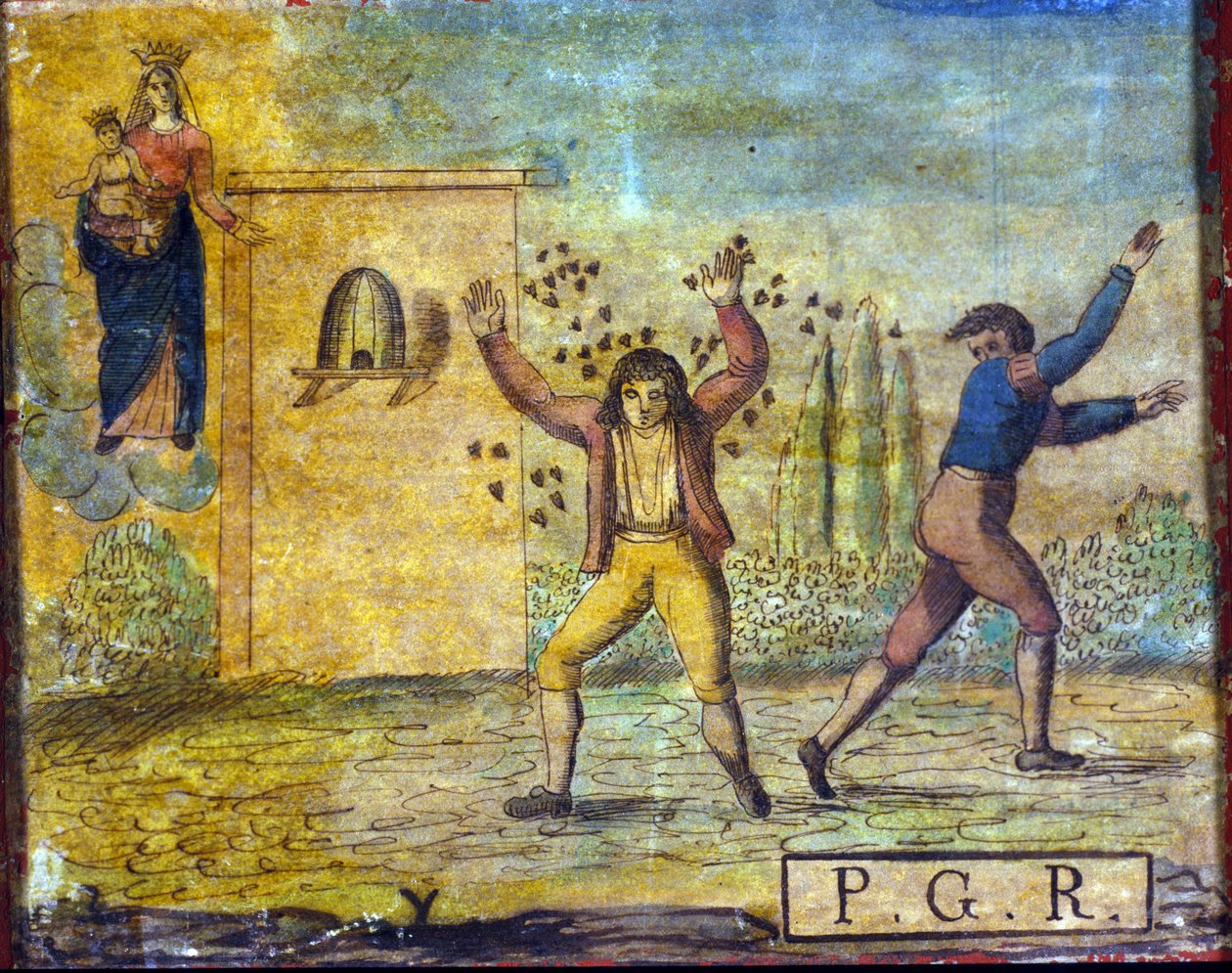 19 世纪初的 Ex voto，代表一个被蜜蜂袭击的人。 作者 未知艺术家