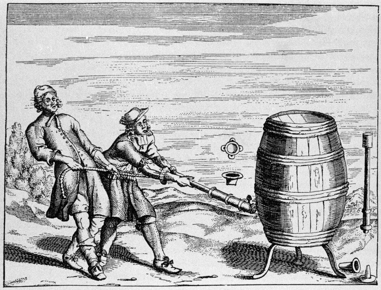 Experience carried out by German scientist Otto van Guericke to calculate atmospheric pressure. Plate taken from “” Ottonis de Guericke: Experimenta Nova Magdeburgica de vacuo spatio”” by Otto von Guericke (Otto de Guericke 作者 未知艺术家