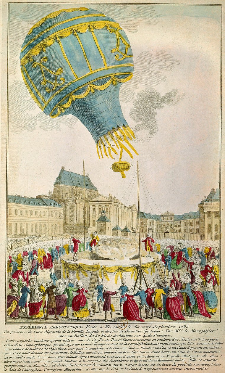 Montgolfier 兄弟于 1783 年 9 月 19 日在巴黎凡尔赛宫的经历。 BN 作者 未知艺术家