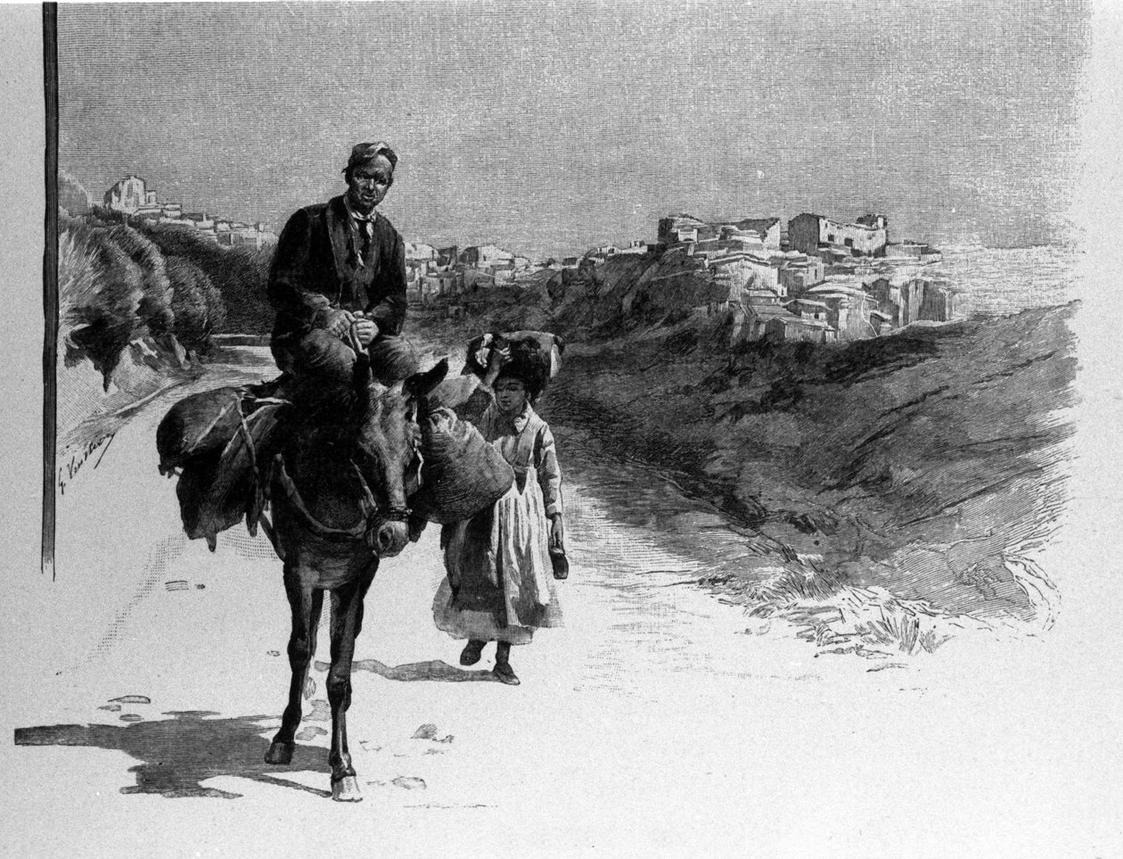 一家人在前往 Calatafimi 的路上旅行，19 世纪的西西里岛雕刻 作者 未知艺术家
