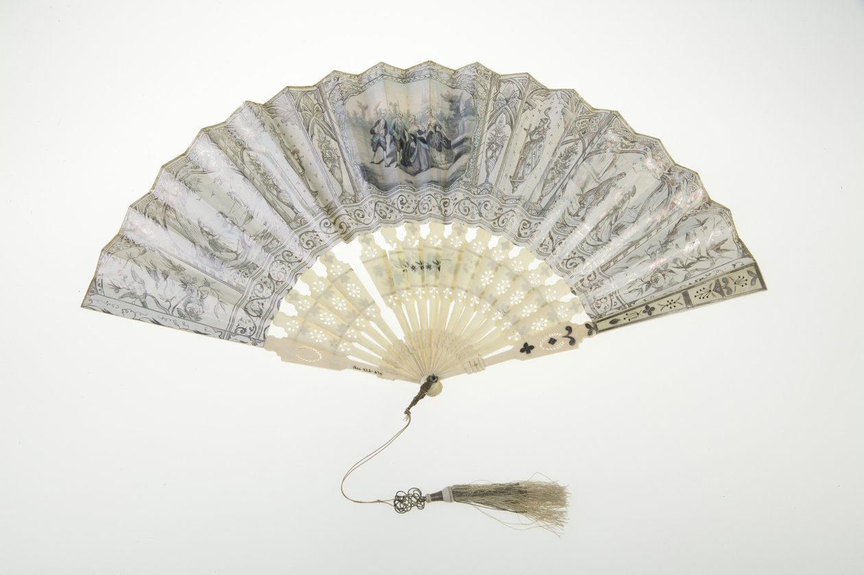 扇子，约 1850 年，彩纸、骨、银和丝绸和金属线流苏，制造商未知 作者 未知艺术家