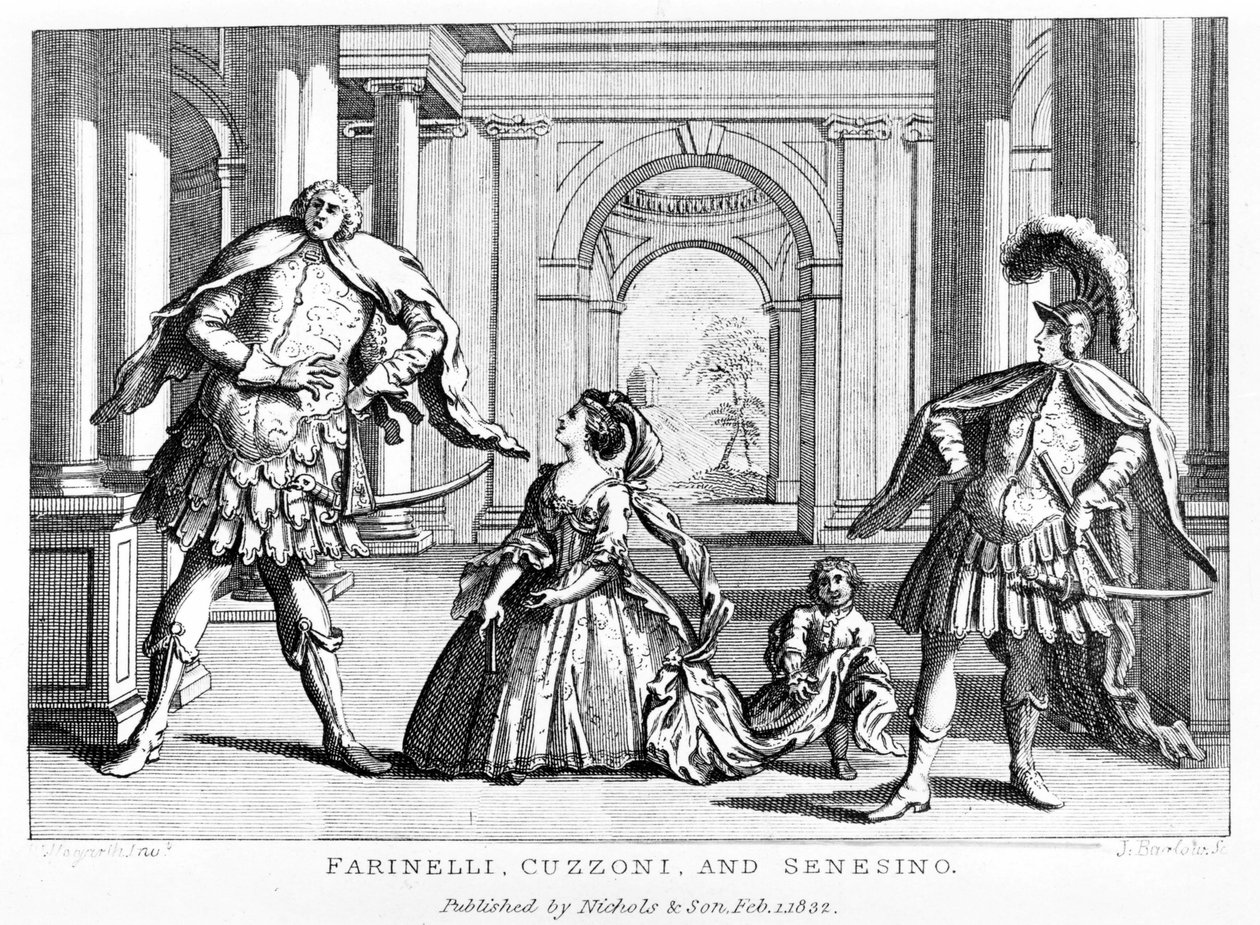 Farinelli (Carlo Broschi, dit; 1705 - 1782) 与女高音 Cuzzoni 和阉割者 Francesco Bernardo Senesino (1680 - 1750) 在 George Frederick Handel (Georg Friedrich Handel) 的歌剧中 作者 未知艺术家