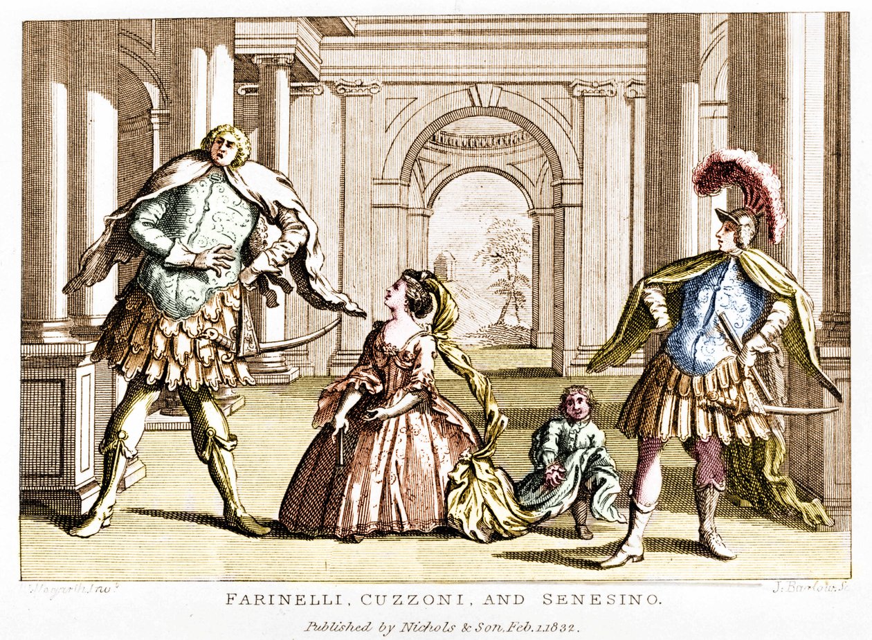 Farinelli (Carlo Broschi, dit; 1705 - 1782) 与女高音 Cuzzoni 和阉割者 Francesco Bernardo Senesino (1680 - 1750) 在 George Frederick Handel (Georg Friedrich Handel) 的歌剧中 作者 未知艺术家