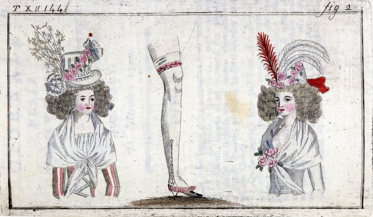 18 世纪时尚：1788 年左右女性的发型和吊袜带。 作者 未知艺术家