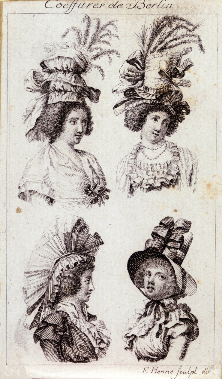 18 世纪的时尚：柏林女性的帽子。 1793 年的雕刻。 作者 未知艺术家