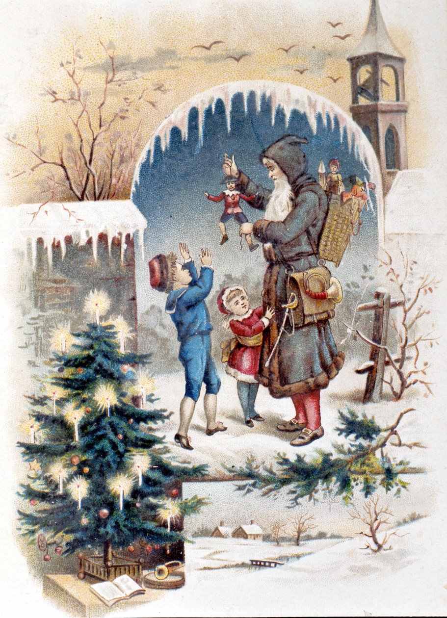 Father Christmas with children. 1892 chromolithography. 作者 未知艺术家