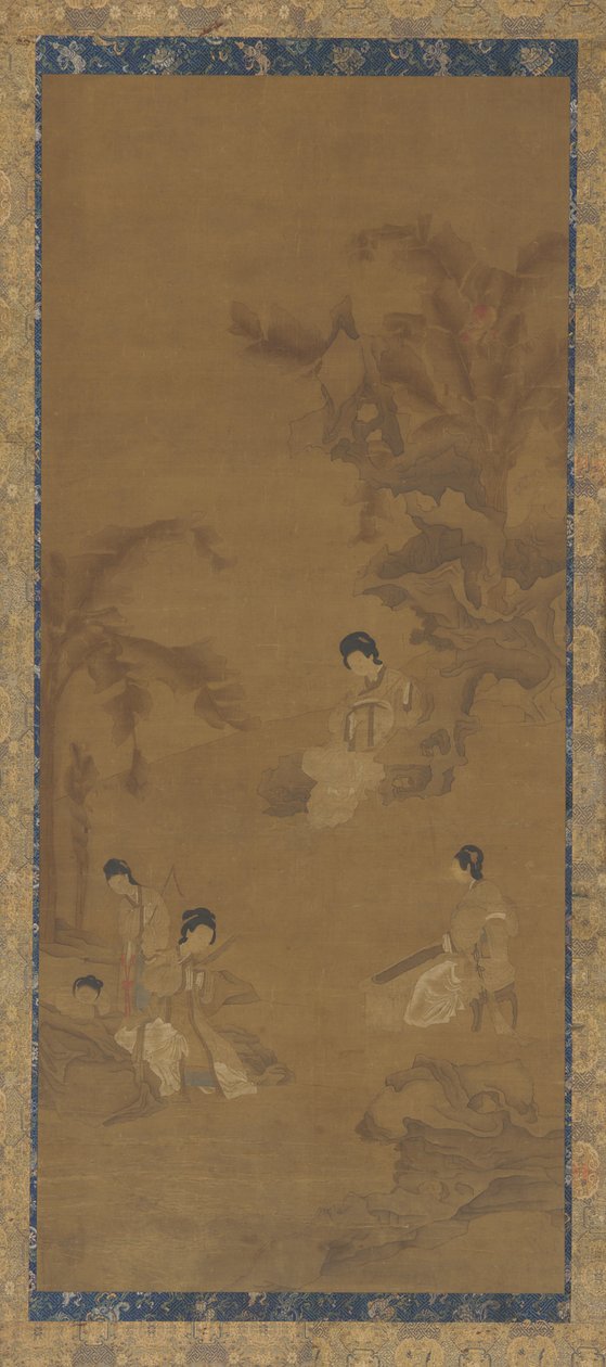香蕉树下花园中的女音乐家 作者 未知艺术家