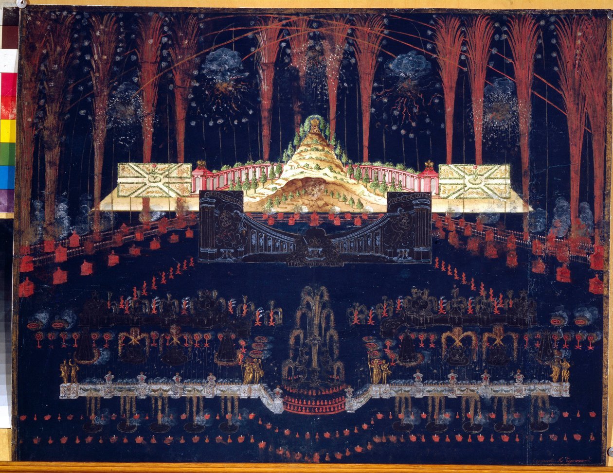 1742 年 4 月 25 日莫斯科（俄罗斯）的焰火和照明。佚名作品，卡片上的水彩和水粉画，18 世纪中期。洛可可艺术。莫斯科国家历史博物馆。 作者 未知艺术家