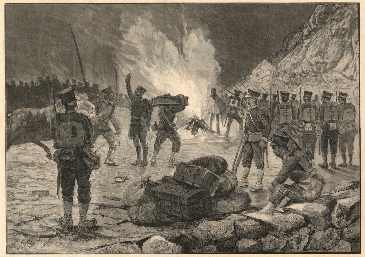 第一次中日战争--日中战争，1894年在切穆尔普（朝鲜的仁川）的扣押--1894年的雕版画 作者 未知艺术家
