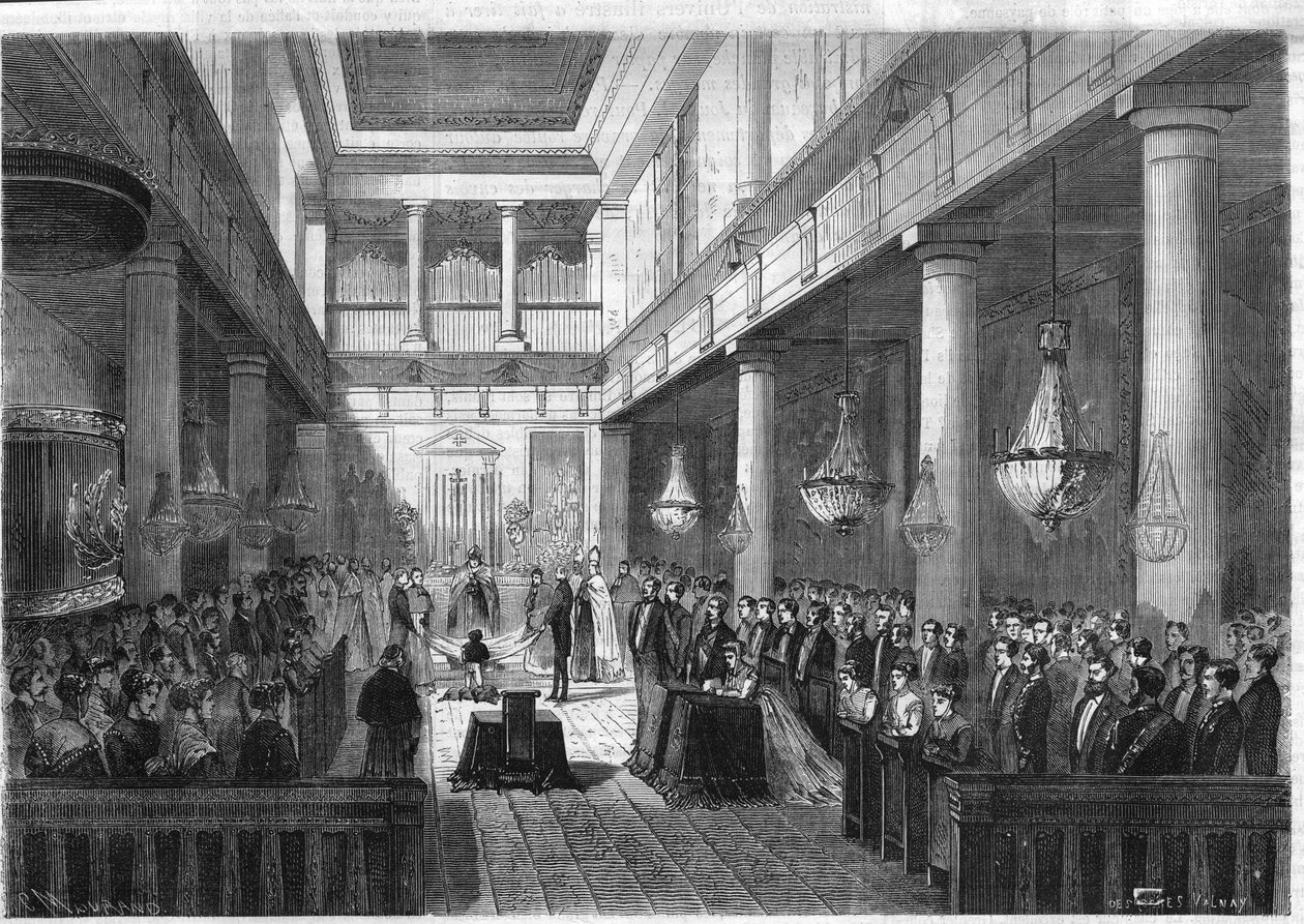 拿破仑三世的儿子拿破仑-尤金-路易斯-让-约瑟夫-波拿巴亲王（1856-1879）的第一次圣餐，在巴黎的杜乐丽小教堂。在 "辉煌的宇宙 "中的雕刻作品 作者 未知艺术家