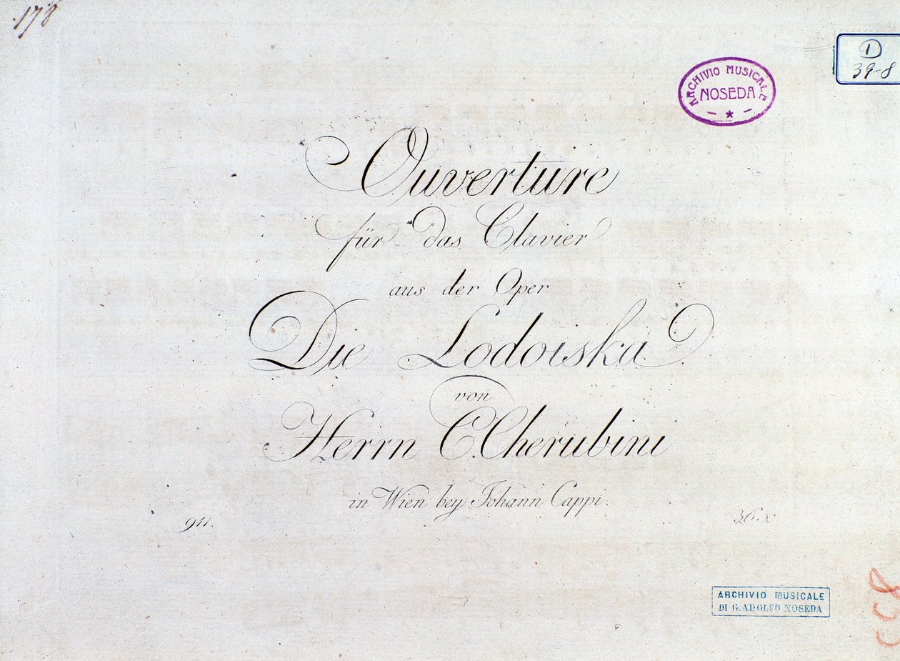 Luigi Cherubini的““ Lodoiska””歌剧中用于钢琴演奏的钢琴乐谱的第一页 作者 未知艺术家