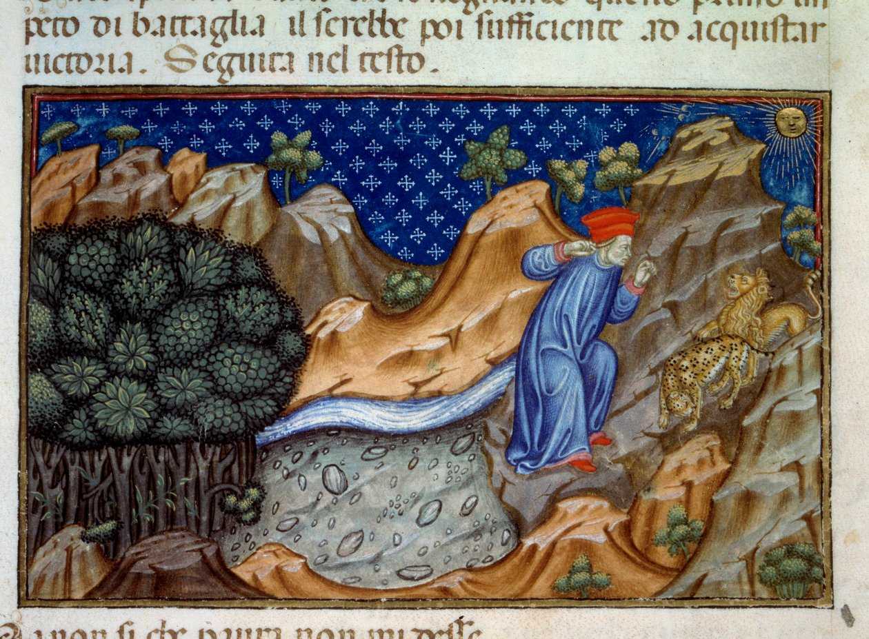 地狱的第一首歌，一只黑豹反对但丁的通过。 Dante Alighieri（1265-1321）的“神曲”（Divina Commedia）插图。 15 世纪手稿的缩影。 巴黎，B.N. 作者 未知艺术家