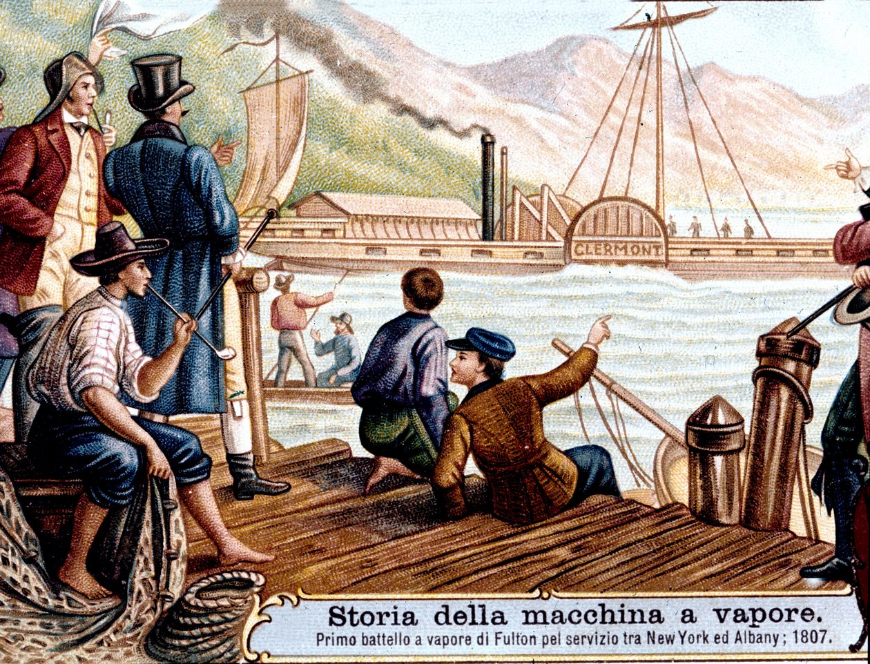 美国工程师罗伯特·富尔顿 (Robert Fulton，1765-1815 年) 在美国哈德逊河上第一次航行“克莱蒙”号汽船 作者 未知艺术家