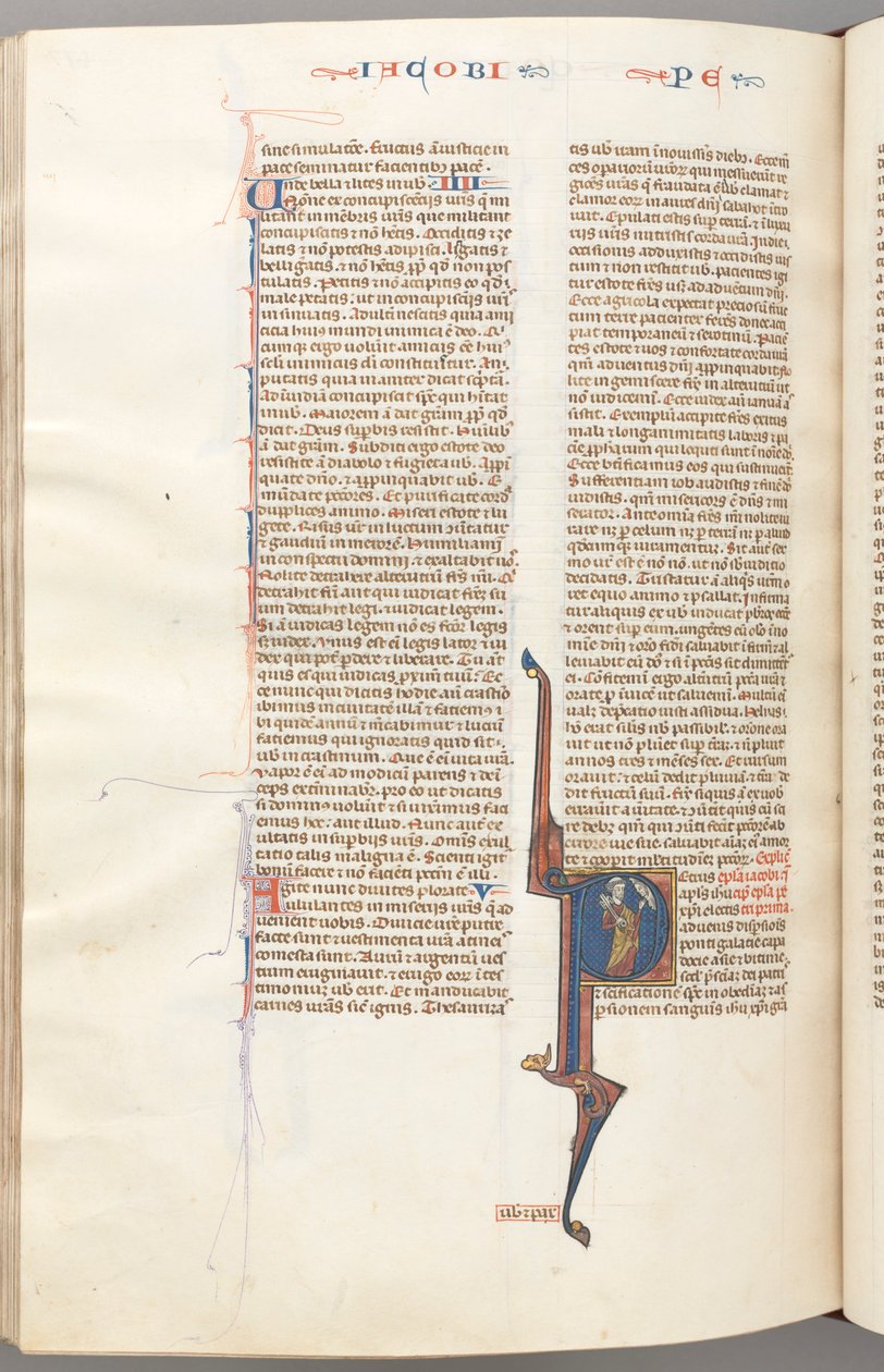 Fol.477v，彼得，有史料记载的首字母 P，拿着钥匙的彼得与上方的上帝半身像交谈 作者 未知艺术家