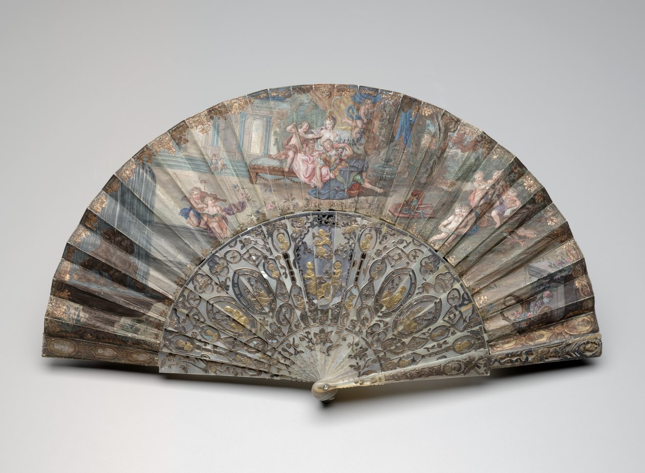 弗朗索瓦·布歇（FrançoisBoucher），约1734-50年创作的带有“ Rinaldo and Armida”的折扇（水粉和w - c双牛皮纸和纸叶，珍珠母贝，烫金和糊状宝石） 作者 未知艺术家