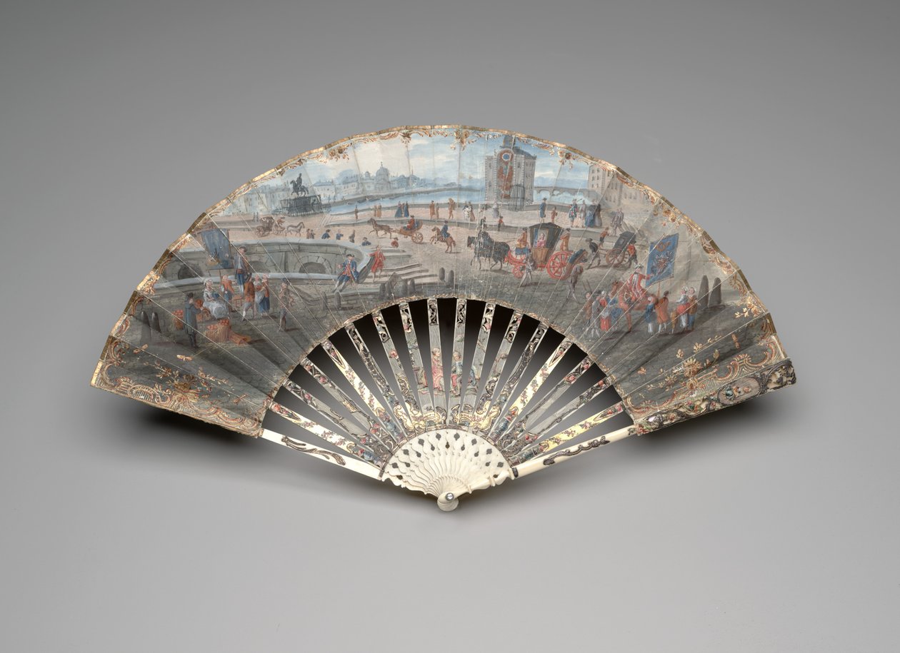 可以看到新桥（Pont Neuf）的折扇，约1755-60年（双牛皮纸上的水粉和水彩，象牙，烫金，水粉，珍珠母和糊状宝石） 作者 未知艺术家