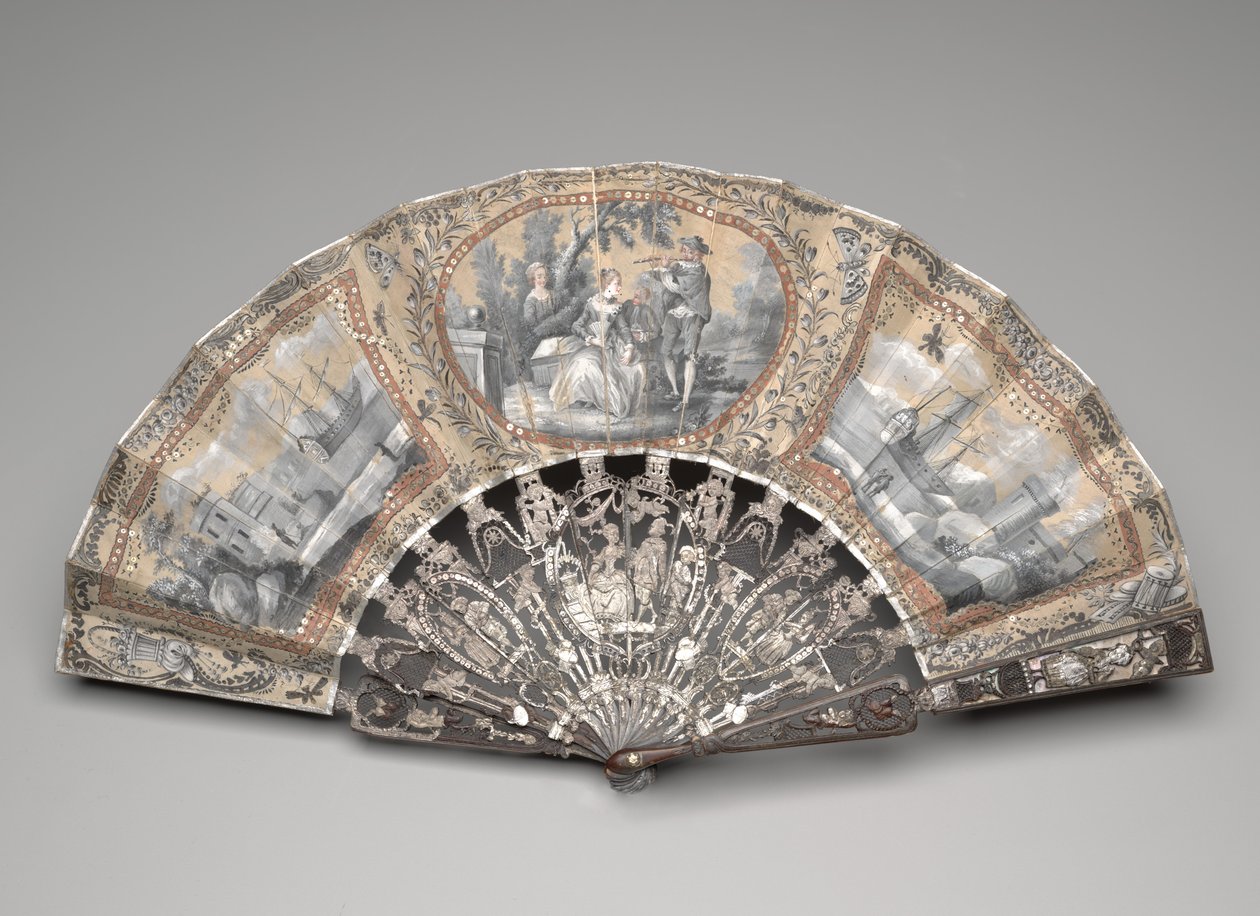 带有“ grisaille”场景的折叠扇，约1780年代（双绢叶上的水粉，黄铜，金属线，骨头或象牙，烫金，珍珠母贝和粘贴宝石） 作者 未知艺术家