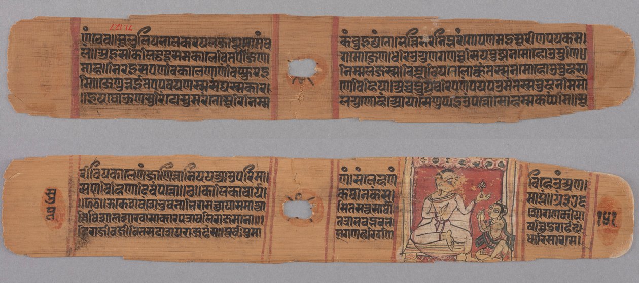 对开页 141，选自 Kalakacharya 的 Kalpa-sutra 和故事：正文（直面）；僧侣手持一朵由俗家弟子供奉的花（反面） 作者 未知艺术家