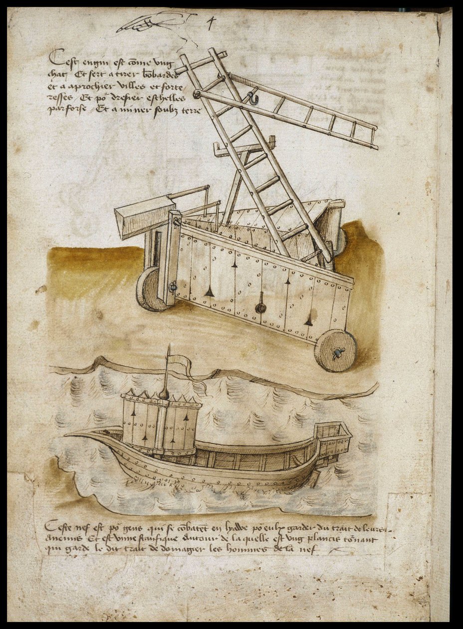 Fortress Approach and Ship - Manuscript: parchment sheet of an engineer