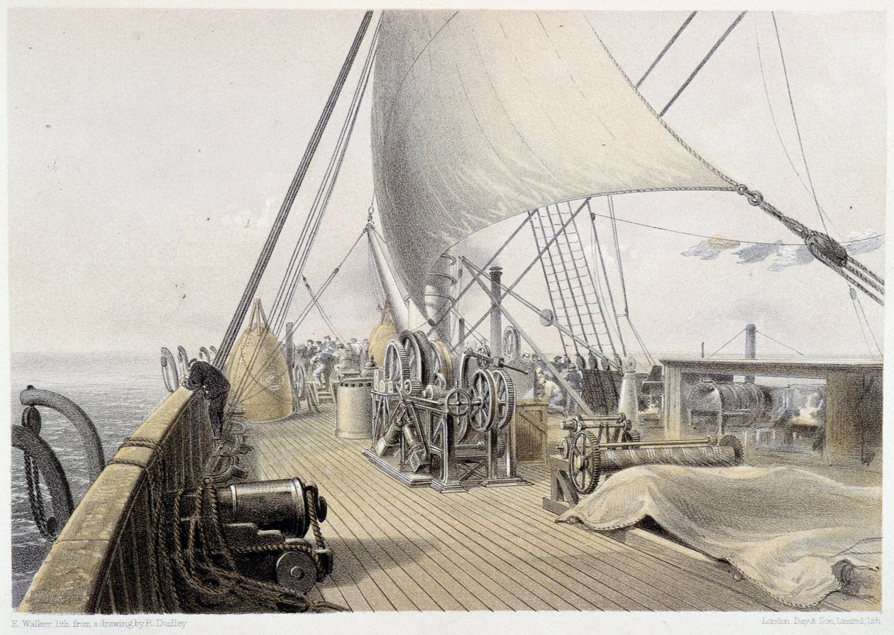 1858 年 8 月 11 日，在 W. H. Russel 撰写的“大西洋电报”中，前甲板为最后一次擒抱准备就绪。 1860 作者 未知艺术家