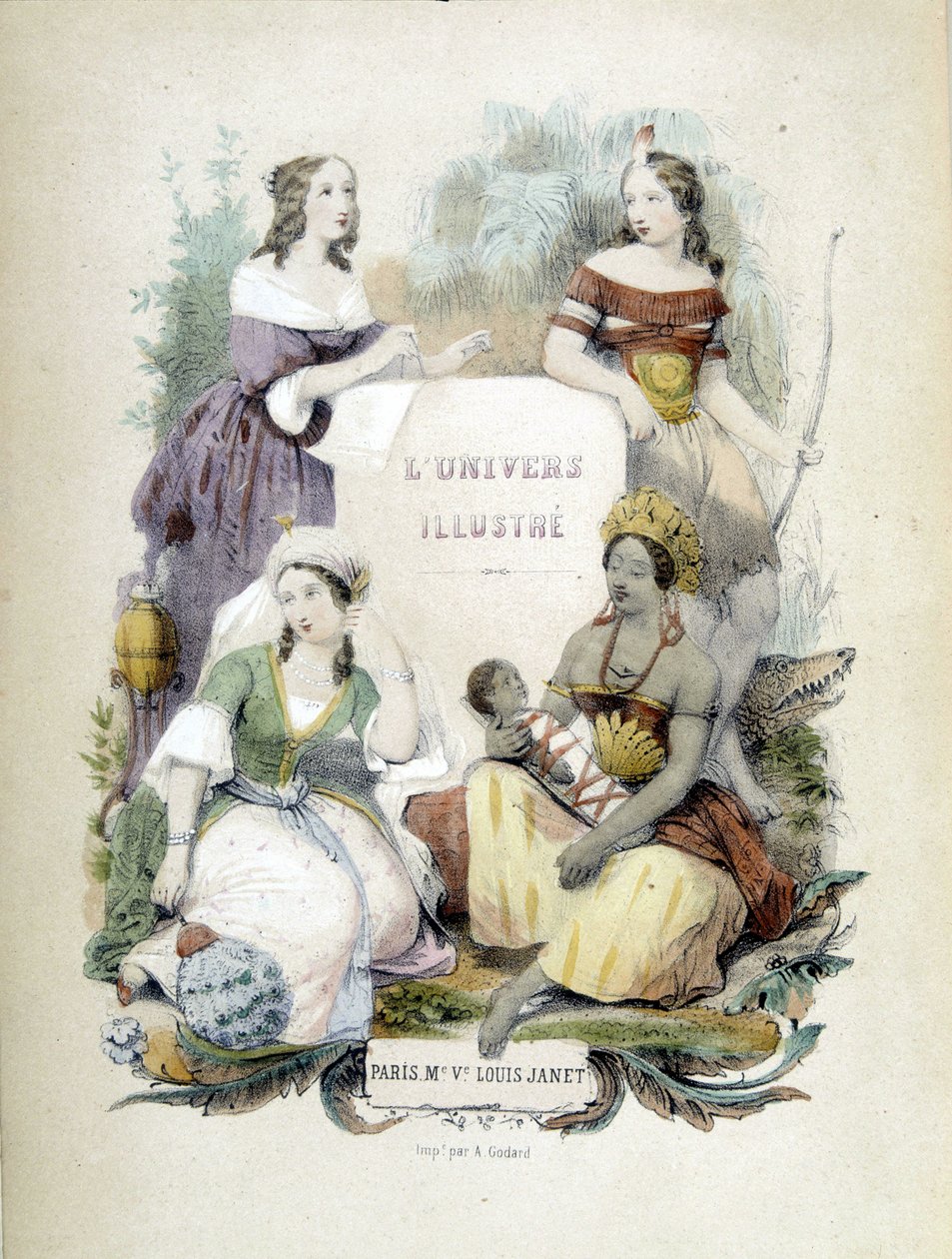 代表世界四个角落的四位女性 - 阿尔弗雷德·德·埃萨特 (Alfred des Essarts) 的“插图宇宙：生活地理”的卷首画 作者 未知艺术家