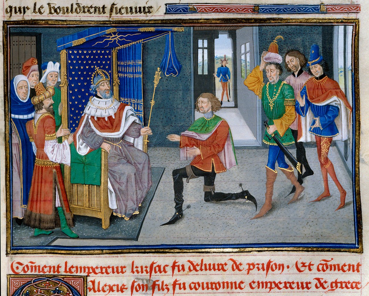 Fourth Crusade: representation of Alexis IV Angel (1182-1204) is emperor crown beside his father Isaac II after having been able to get him out of prison in 1203. Miniature from “” Chronicle abregee”” by David Aubert 作者 未知艺术家