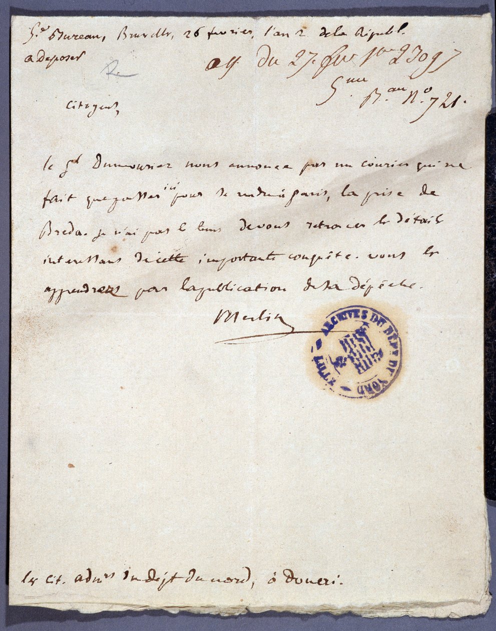 French Revolution: handwritten letter dated 26/02/1793 from a denomme Merlin on the capture of the city of Breda in Holland on 24 February by General Dumouriez. Departmental Archives of Nord Lille 作者 未知艺术家