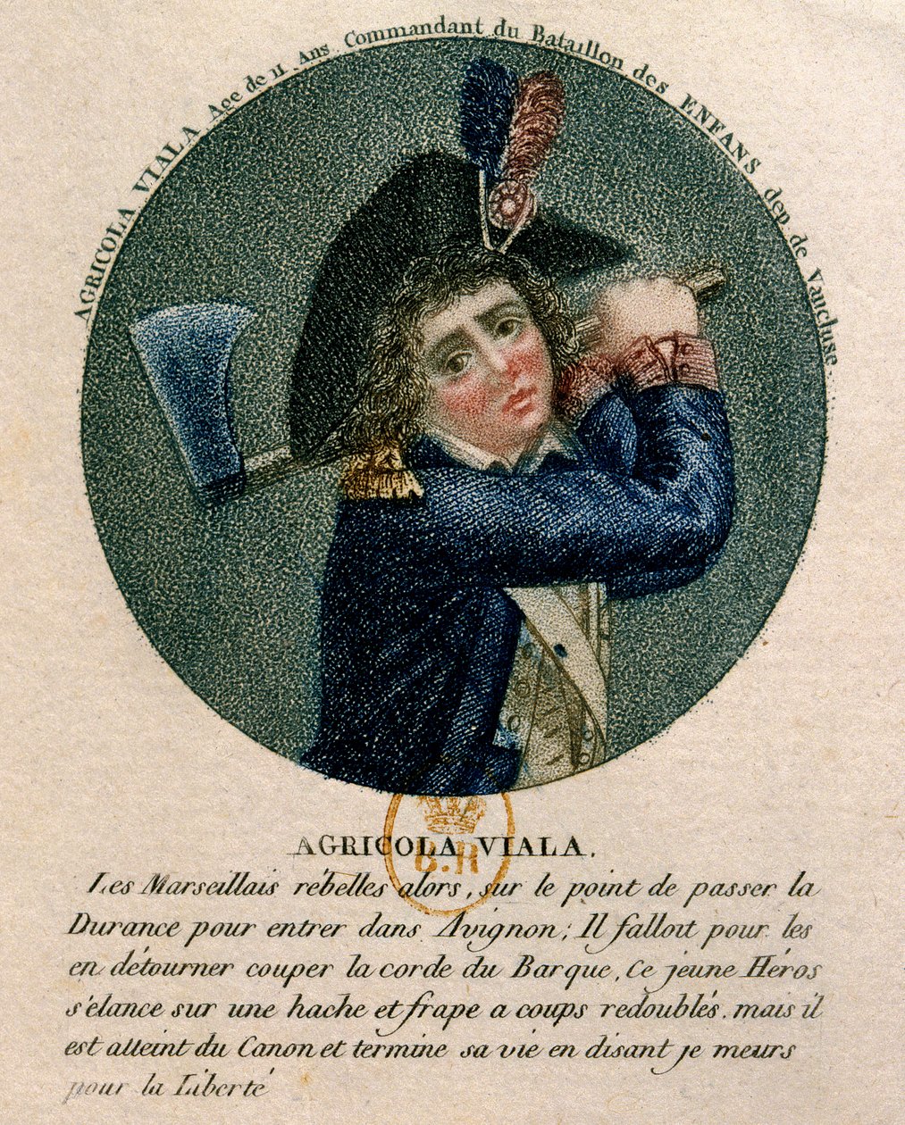 French Revolution: portrait of the young Joseph Agricol Viala (1780-1793) who participated in the Marseille insurrection in 1793. He is a representative holding an axe. 18th century Paris, B.N 作者 未知艺术家