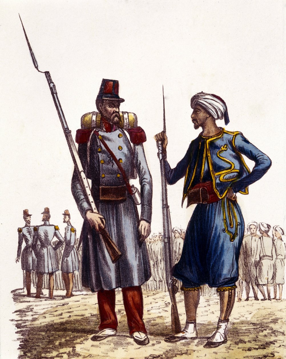 法国军装：左边，一个外国军团于 1831 年成立并派往阿尔及利亚。右边，土著骑手，于 1841 年训练并派往阿尔及利亚。在 L
