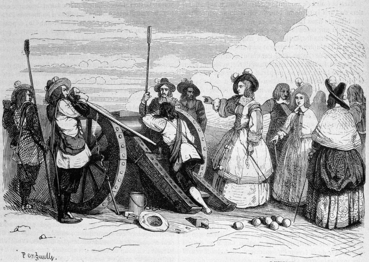 弗朗德：“蒙彭西耶 (Madame) 公爵夫人 (Madame Montpensier dit la Grande Mademoiselle (1627-1693) 旋转巴士底狱的大炮对抗国王的军队，以拯救她的堂兄孔德亲王）” 作者 未知艺术家