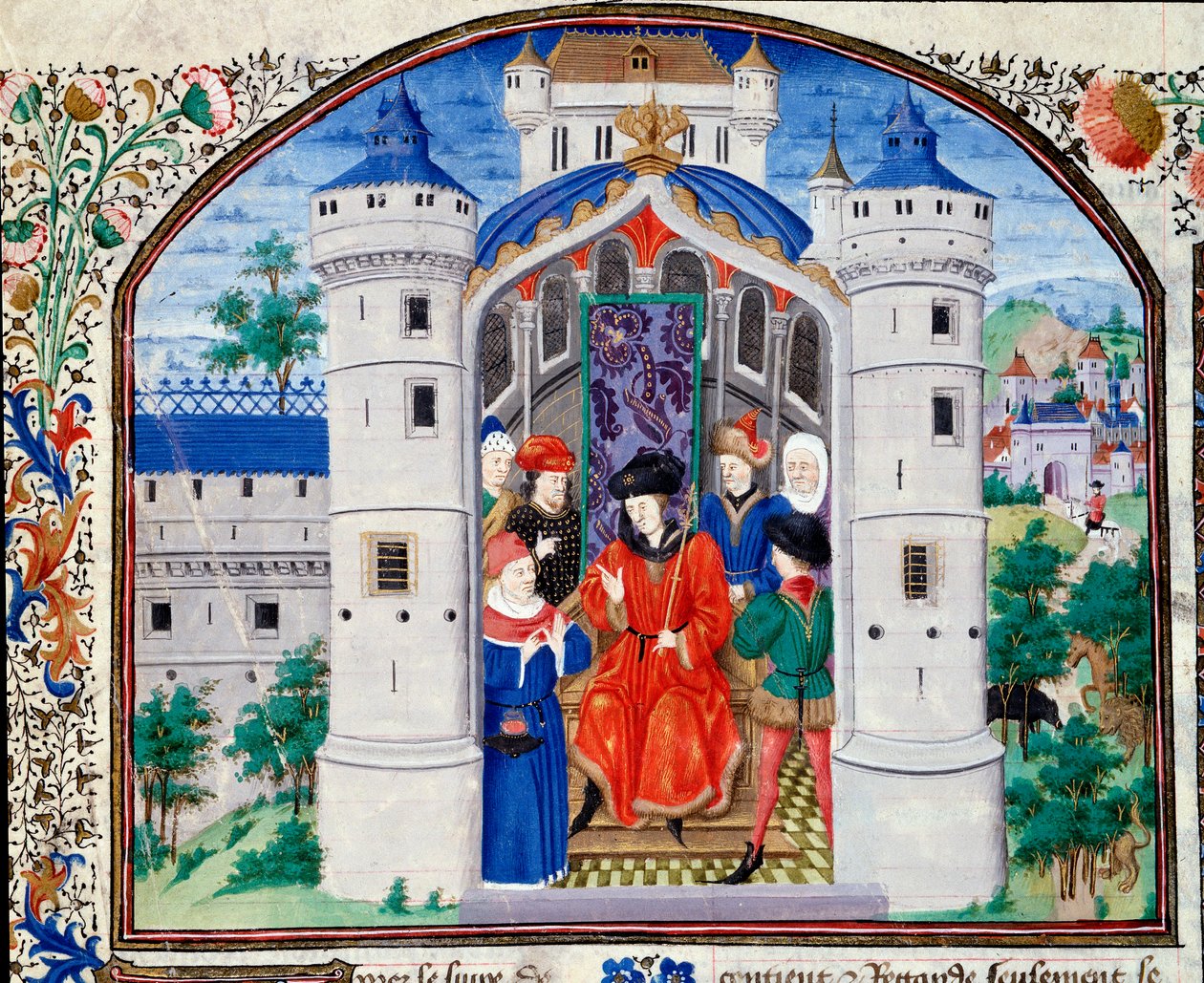 Frontispice of Economics representing the author presenting his work to the king. Miniature from the manuscript (Ms 927 Fol.426) “” Commentary on Political and Economic Ethics”” by the Greek philosopher Aristotle (383-322 BC) translated by Nicolas Oresme ( 作者 未知艺术家